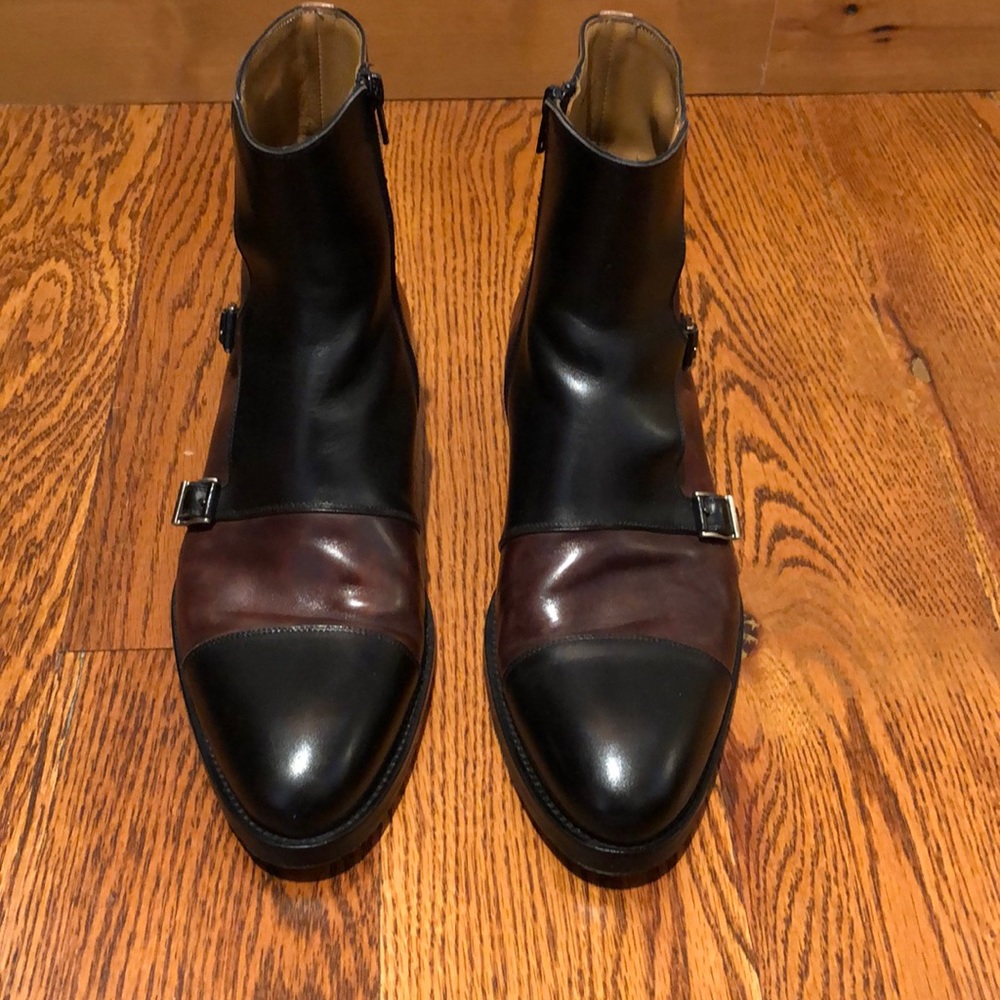 Men’s two-tone dress boots with inside zip.